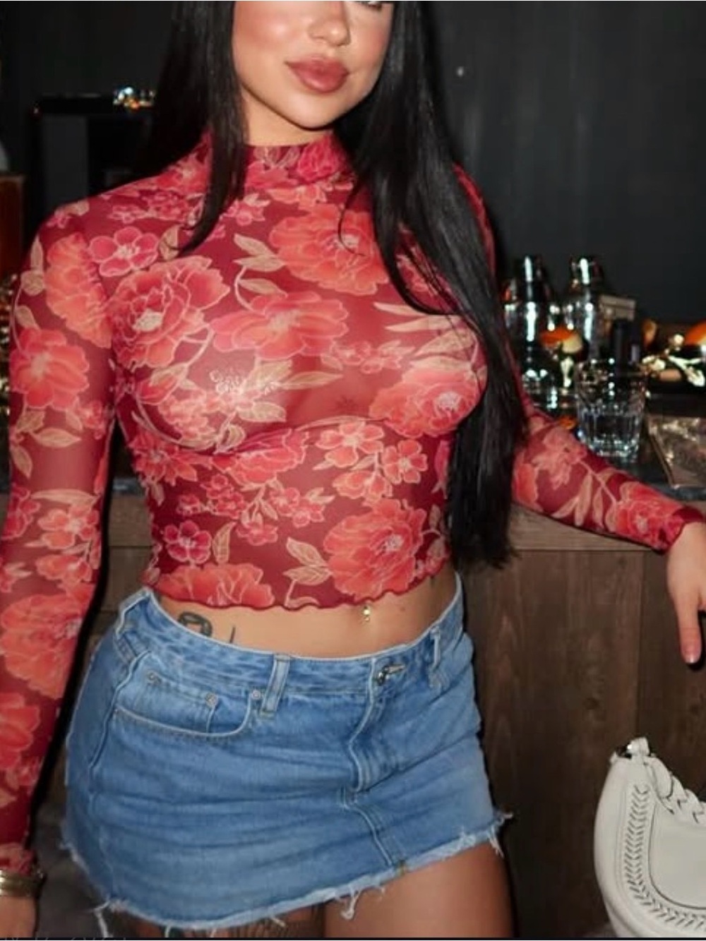 Red Floral Mesh Long Sleeve Blouse Mock Neck Medium